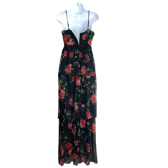 Crystal Dolls Maxi Dress Floral Tiered Black Red - Picture 2 of 12